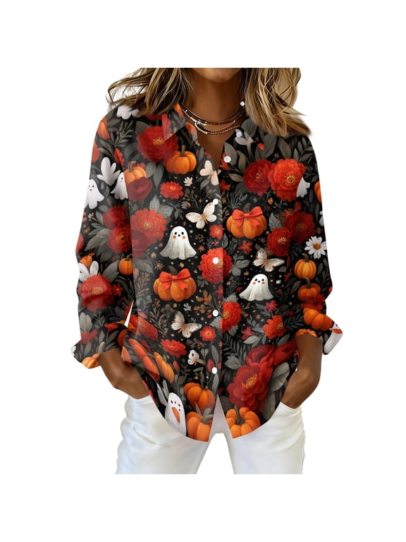 Womens Halloween Print Button Down Shirt Long Sleeve Casual Regular Fit Collared Blouse Everyday Pullover Top Wine XL
