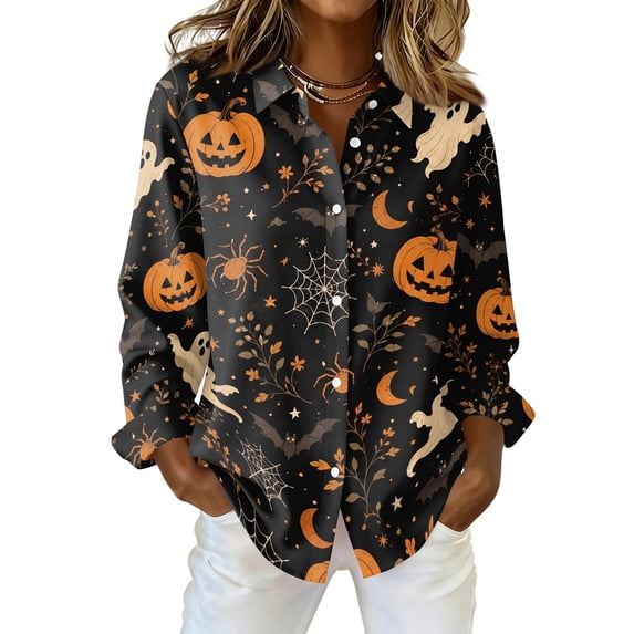 Delconic Womens Halloween Print Button Down Shirt Long Sleeve Casual Regular Fit Collared Blouse Festival Graphic Top Black L