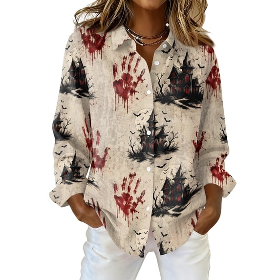 Delconic Womens Halloween Print Button Down Shirt Long Sleeve Casual Regular Fit Collared Blouse Festival Graphic Top Gray XL