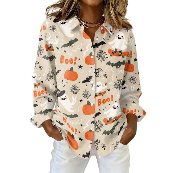 Delconic Womens Halloween Print Button Down Shirt Long Sleeve Casual Regular Fit Collared Blouse Festival Graphic Top Khaki XL