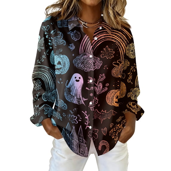 Delconic Womens Halloween Print Button Down Shirt Long Sleeve Casual Regular Fit Collared Blouse Floral Ghost Pattern Top Gold 3XL
