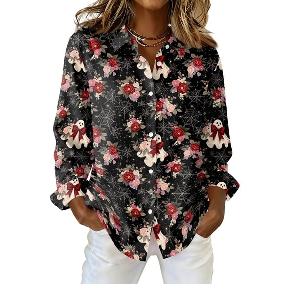 Delconic Womens Halloween Print Button Down Shirt Long Sleeve Casual Regular Fit Collared Blouse Ghost Floral Spider Web Top Black L