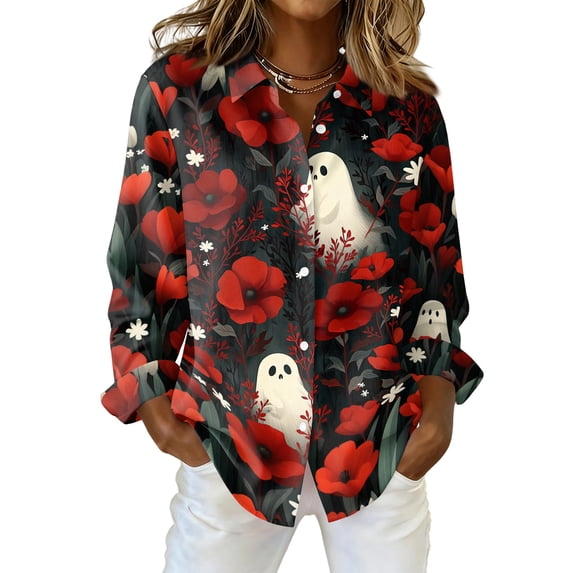 Delconic Womens Halloween Print Button Down Shirt Long Sleeve Casual Regular Fit Collared Blouse Ghost Floral Spider Web Top Red M