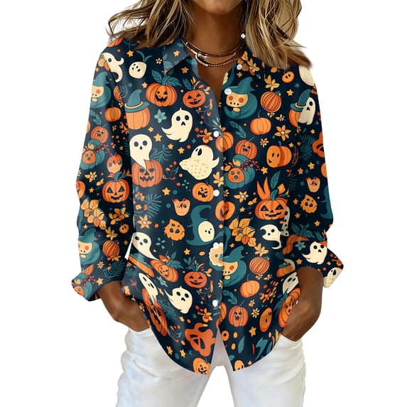 Delconic Womens Halloween Print Button Down Shirt Long Sleeve Casual Regular Fit Collared Blouse Ghost Floral Spider Web Top Saffron S