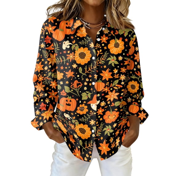 Delconic Womens Halloween Print Button Down Shirt Long Sleeve Casual Regular Fit Collared Blouse Ghost Floral Spider Web Top Yellow M