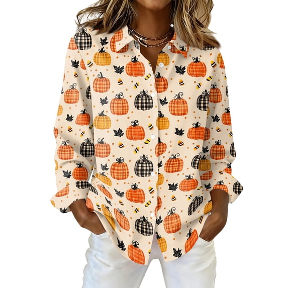 Delconic Womens Halloween Print Button Down Shirt Long Sleeve Casual Regular Fit Collared Blouse Pumpkin Pattern Top Beige L