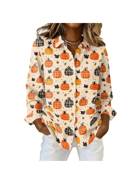 Womens Halloween Print Button Down Shirt Long Sleeve Casual Regular Fit Collared Blouse Pumpkin Pattern Top Beige L