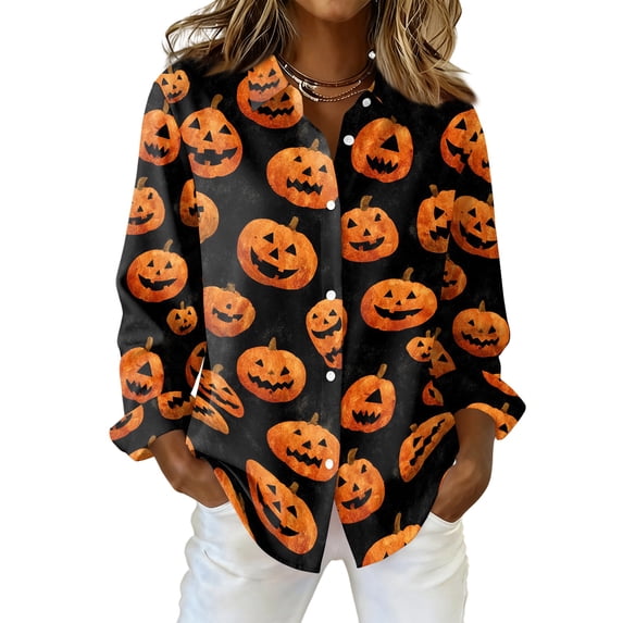 Delconic Womens Halloween Print Button Down Shirt Long Sleeve Casual Regular Fit Collared Blouse Pumpkin Pattern Top Black L