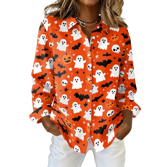 Delconic Womens Halloween Print Button Down Shirt Long Sleeve Casual Regular Fit Collared Blouse Pumpkin Pattern Top Orange M