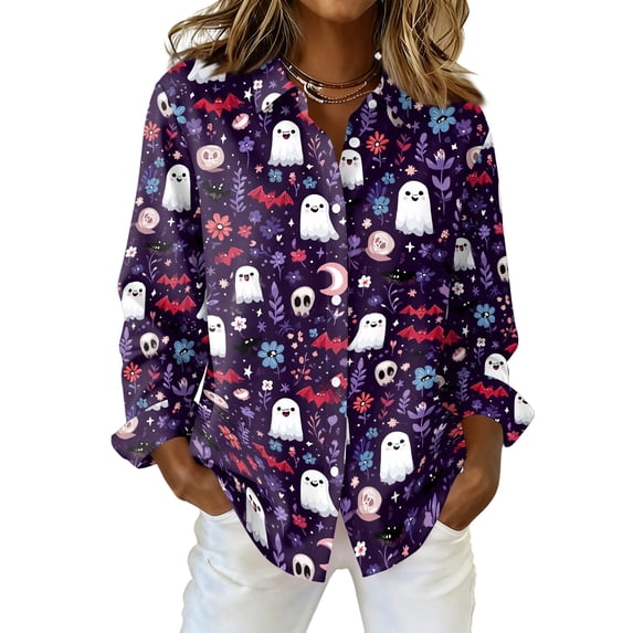 Delconic Womens Halloween Print Button Down Shirt Long Sleeve Casual Regular Fit Collared Blouse Pumpkin Pattern Top Purple L