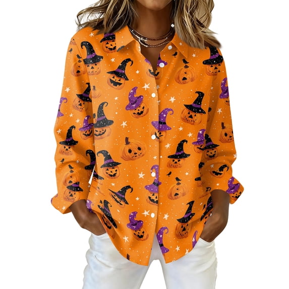 Delconic Womens Halloween Print Button Down Shirt Long Sleeve Casual Regular Fit Collared Blouse Pumpkin Pattern Top Saffron M