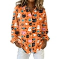 thumbnail image 1 of Delconic Womens Halloween Print Button Down Shirt Long Sleeve Casual Regular Fit Collared Blouse Pumpkin Pattern Top Saffron XL, 1 of 7