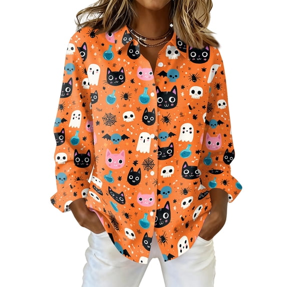 Delconic Womens Halloween Print Button Down Shirt Long Sleeve Casual Regular Fit Collared Blouse Pumpkin Pattern Top Saffron XL