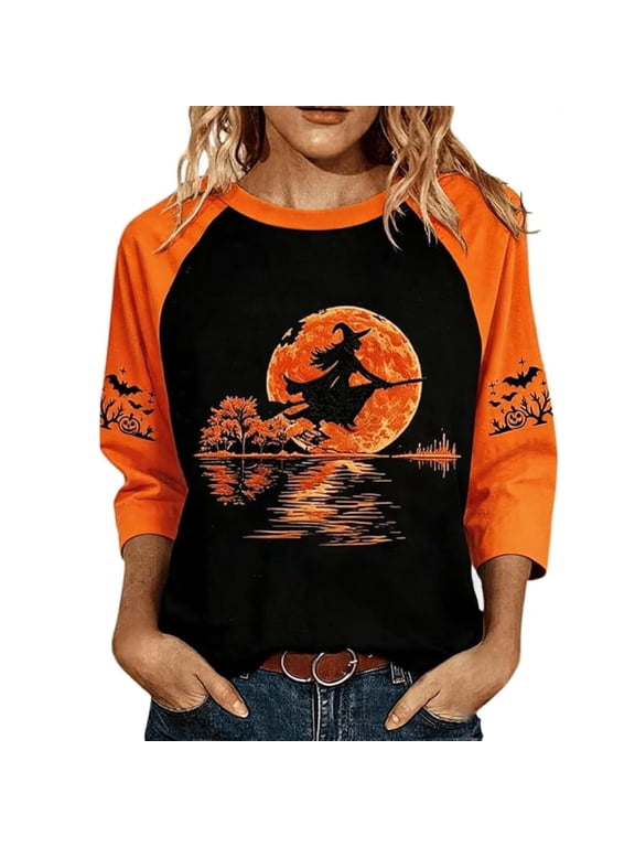 Womens Halloween Print Three Quarter Sleeve Top Round Neck Casual Raglan Shirt Witch Moon Graphic Tunic Blouse Orange L