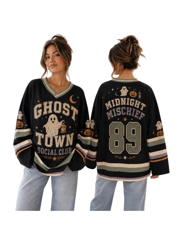 Womens Halloween Print V Neck Long Sleeve Top Loose Casual Pullover Graphic Jersey Style Tunic Shirt for Fall Wear Black M