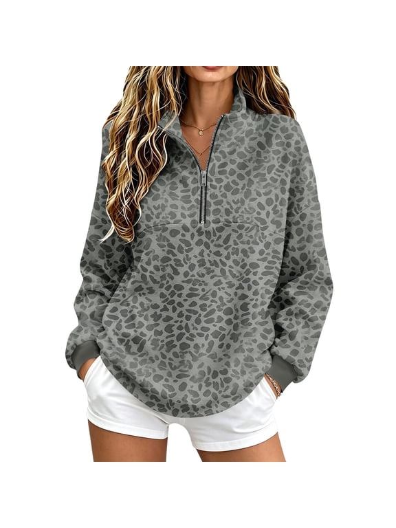 Womens Leopard Print Quarter Zip Pullover Sweatshirt Long Sleeve Casual Loose Fit Funnel Neck Lightweight Tunic Top GrayS
