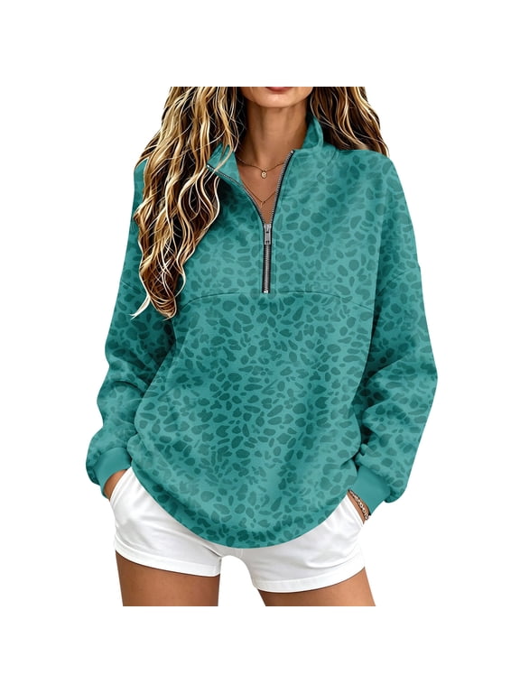 Womens Leopard Print Quarter Zip Pullover Sweatshirt Long Sleeve Casual Loose Fit Funnel Neck Lightweight Tunic Top TurquoiseS