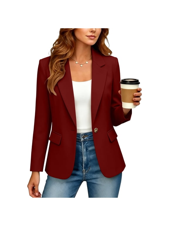Womens Long Sleeve Blazer Jacket Open Front Casual Suit Style Outerwear Fall Lightweight Tailored Cardigan Coat WineS