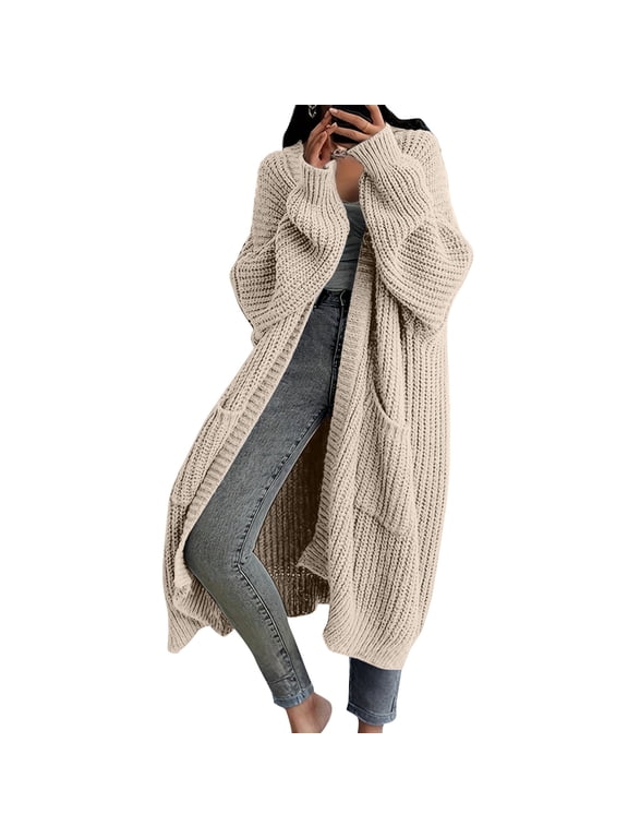 Womens Long Sleeve Knit Cardigan Open Front Over Knee Duster Sweater Coat Relaxed Fit Mid Long Outerwear Beige XL