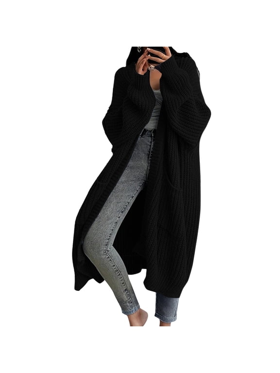 Womens Long Sleeve Knit Cardigan Open Front Over Knee Duster Sweater Coat Relaxed Fit Mid Long Outerwear Black L