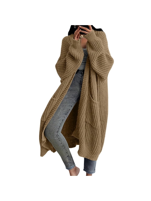 Womens Long Sleeve Knit Cardigan Open Front Over Knee Duster Sweater Coat Relaxed Fit Mid Long Outerwear Khaki M