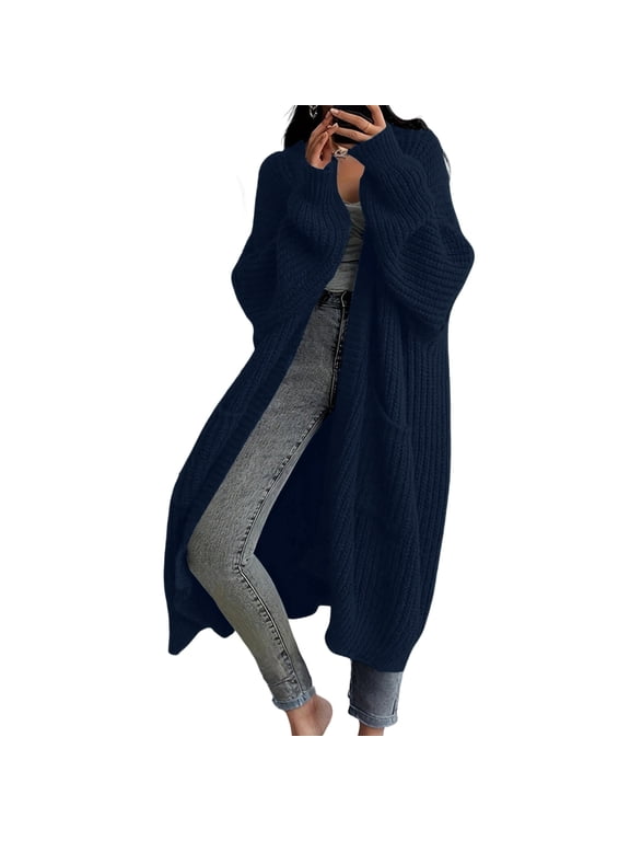 Womens Long Sleeve Knit Cardigan Open Front Over Knee Duster Sweater Coat Relaxed Fit Mid Long Outerwear Navy S