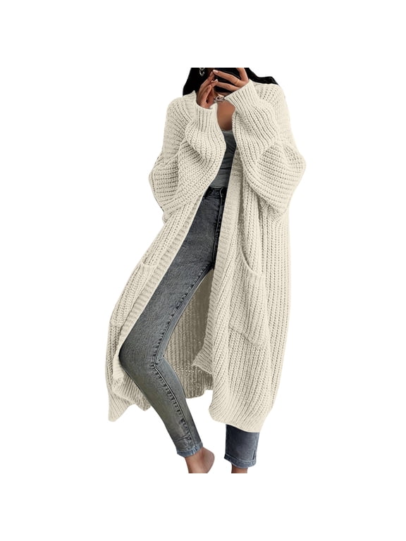 Womens Long Sleeve Knit Cardigan Open Front Over Knee Duster Sweater Coat Relaxed Fit Mid Long Outerwear White M