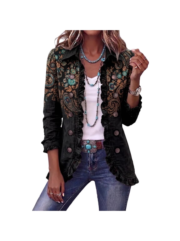 Womens Long Sleeve Ruffle Button Cardigan Jacket Paisley Print Lapel Front Button Lightweight Regular Fit Outerwear BlackXL