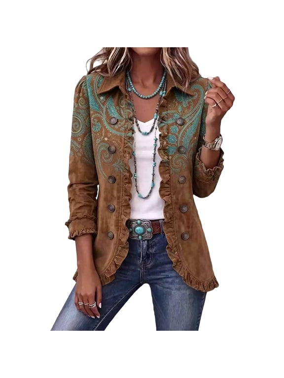 Womens Long Sleeve Ruffle Button Cardigan Jacket Paisley Print Lapel Front Button Lightweight Regular Fit Outerwear BrownL