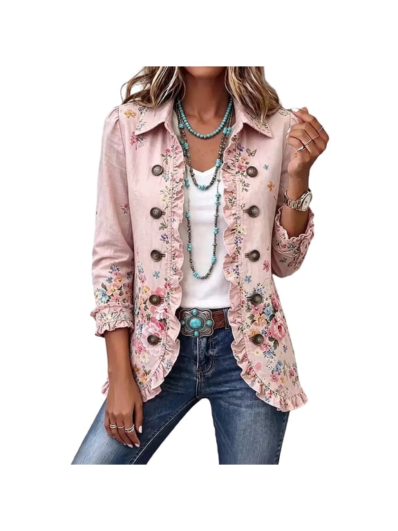 Womens Long Sleeve Ruffle Button Front Cardigan Lightweight Open Front Jacket Style Top with Printed Panel Detail Pink2XL