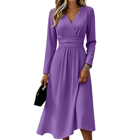 Delconic Womens Long Sleeve V Neck Midi Dress Casual Solid Wrap Style Dress with Pockets High Waist A Line Flowing Dress Purple L