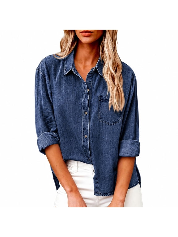 Womens Loose Denim Button Down Shirt Long Sleeve Collared Jean Top with Chest Pocket Curved Hem Relaxed Fit Blouse Dark Blue S