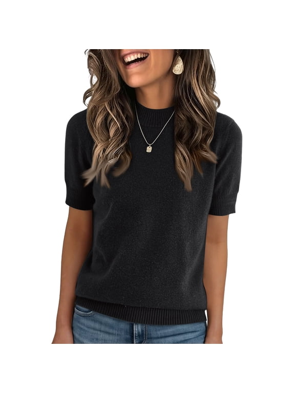 Womens Mock Neck Short Sleeve Knit Sweater Loose Fit Lightweight Pullover Ribbed Trim Soft Fine Gauge Basic Top Black S