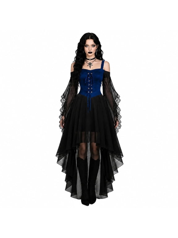 Womens Off Shoulder Strap Dress Chiffon Butterfly Sleeve High Low Hem Gothic Court Style Lace Up Front Maxi Dress Blue XL