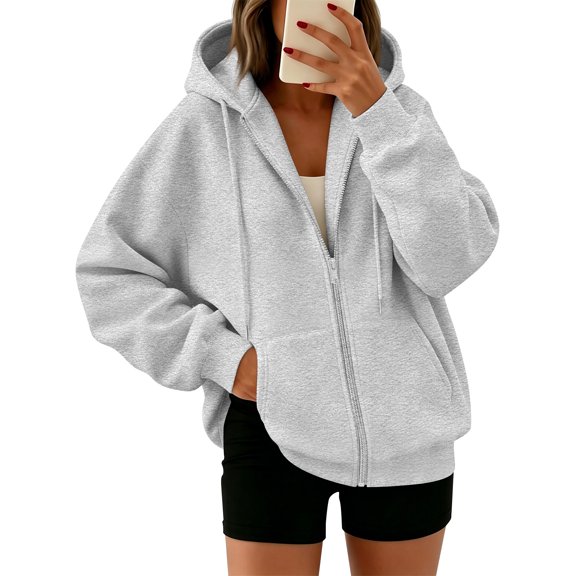 Delconic Womens Oversized Zip Up Hoodie Long Sleeve Hooded Sweatshirt Casual Loose Fit Full Zip Jacket with Pockets Light Gray2XL