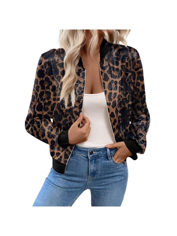 Womens Printed Patchwork Lightweight Jacket Casual Zip Front Outerwear Long Sleeve Short Coat Fashion Top for Women Leopard Print M