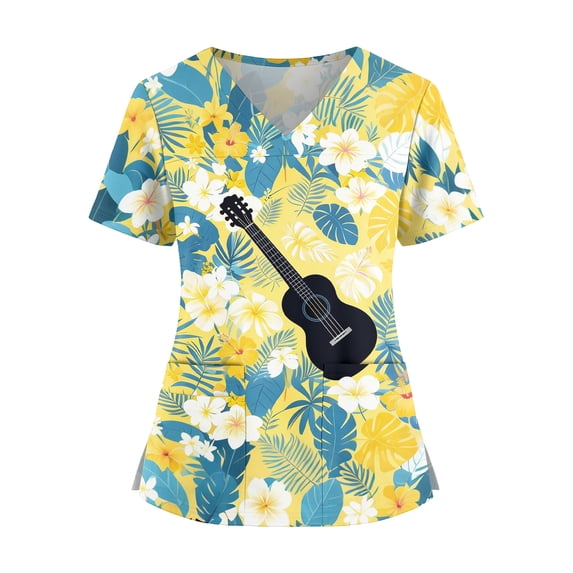 Delconic Womens Scrub Top Hawaiian Print V Neck Short Sleeve Medical Uniform Shirt with Pockets Side Slits Nurse Workwear Blue L