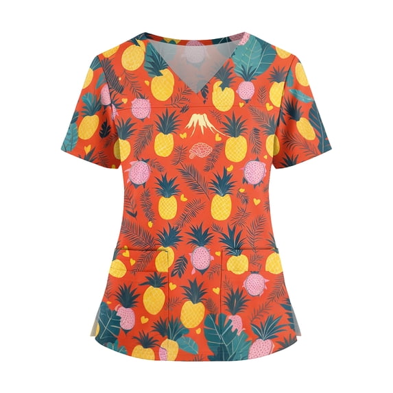 Delconic Womens Scrub Top Hawaiian Print V Neck Short Sleeve Medical Uniform Shirt with Pockets Side Slits Nurse Workwear Saffron M