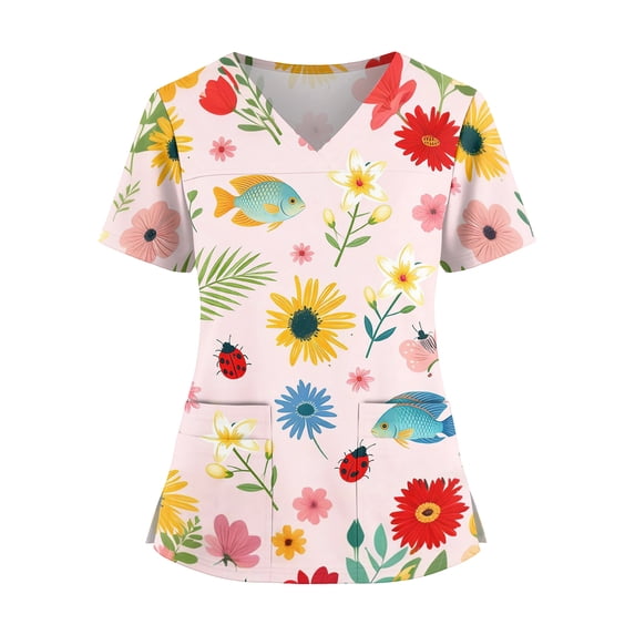 Delconic Womens Scrub Top V Neck Short Sleeve Medical Uniform Top with Pockets Side Slits Tropical Floral Leaf Print Work Tunic Pink 2XL