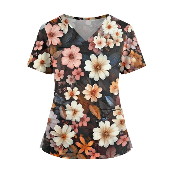 Delconic Womens Scrub Top V Neck Short Sleeve Printed Medical Uniform Tunic with Pockets Side Slits Floral Pattern Workwear Black L