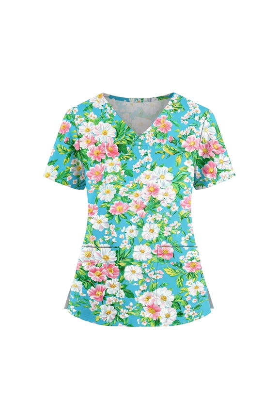 Womens Scrub Top V Neck Short Sleeve Printed Medical Uniform Tunic with Pockets Side Slits Floral Pattern Workwear Green M