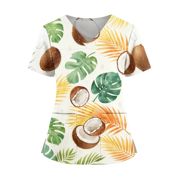 Delconic Womens Scrub Top V Neck Short Sleeve Printed Nursing Uniform Shirt with Pockets Side Slits Surf Wave Pattern Light Brown 4XL