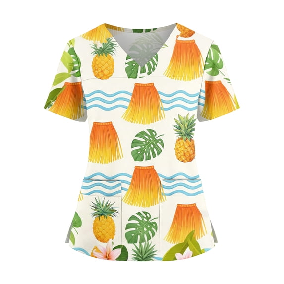 Delconic Womens Scrub Top V Neck Short Sleeve Printed Nursing Uniform Shirt with Pockets Side Slits Surf Wave Pattern Yellow S