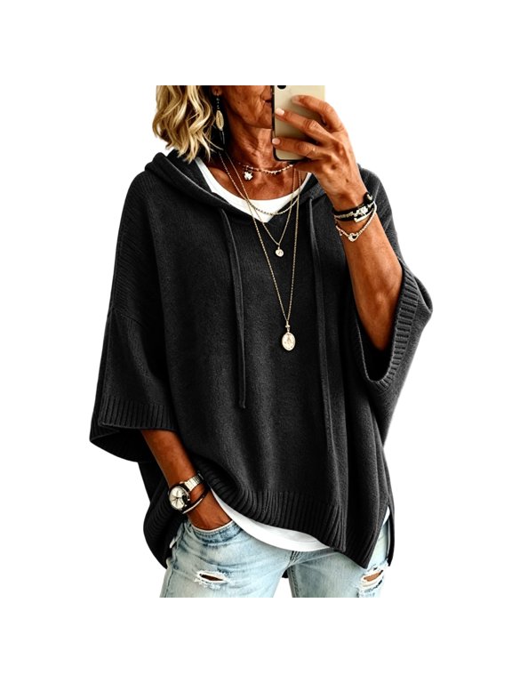 Womens Solid Hooded Sweater Top Three Quarter Sleeve Drawstring Pullover Loose Fit Knit Tunic Casual Hooded Poncho Style BlackXL