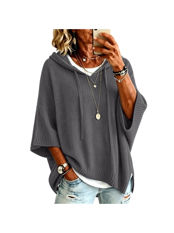 Womens Solid Hooded Sweater Top Three Quarter Sleeve Drawstring Pullover Loose Fit Knit Tunic Casual Hooded Poncho Style GrayS