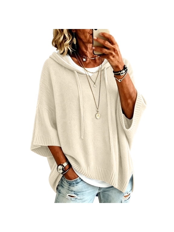 Womens Solid Hooded Sweater Top Three Quarter Sleeve Drawstring Pullover Loose Fit Knit Tunic Casual Hooded Poncho Style White2XL