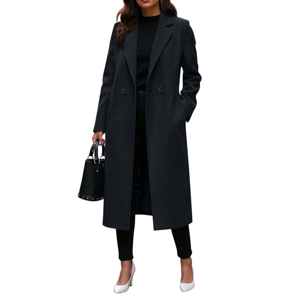 Delconic Womens Solid Long Wool Blend Coat Notched Lapel Long Sleeve Double Breasted Mid Length Overcoat with Pockets Black L
