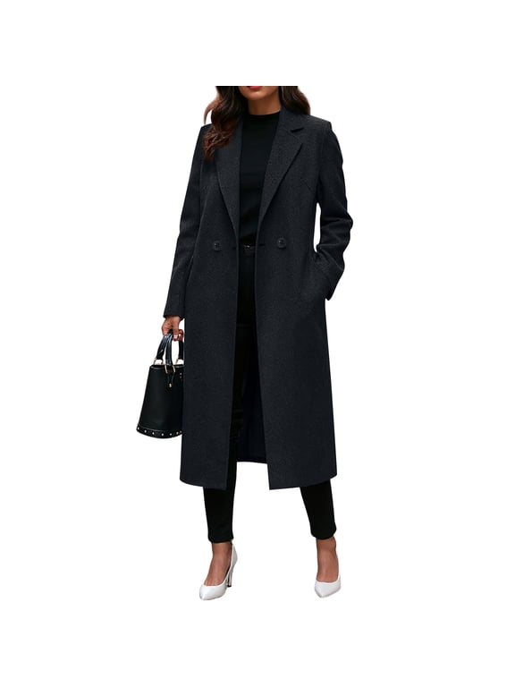 Womens Solid Long Wool Blend Coat Notched Lapel Long Sleeve Double Breasted Mid Length Overcoat with Pockets Black L