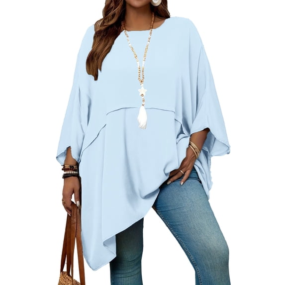 Delconic Womens Three Quarter Sleeve Blouse Casual Work Tunic Top Loose Fit Asymmetrical Hem Layered Pullover Office Shirt Light Blue 5XL