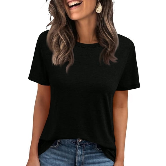 Delconic Womens Tops Summer Short Sleeve Ribbed Trim Crewneck T Shirts Spring Vacation Outfits Fashion Clothing Basic Tee Black L